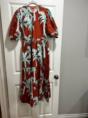 Oliphant Rust Maxi Dress with Aqua Palm Print